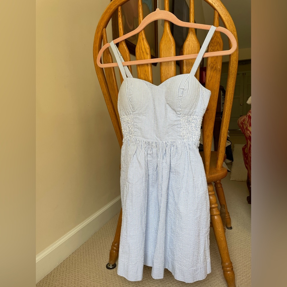 Lily Pulitzer blue and white seersucker sweetheart neckline padded mini dress!